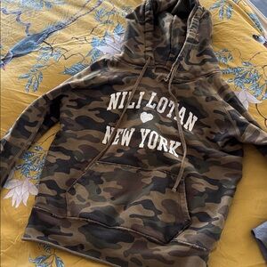 Nili Lotan New York Janie Camo Raw Rolled Hem Hoodie Sweatshirt Size Small